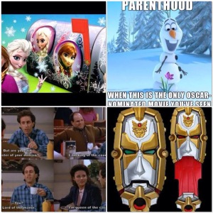 Clockwise from top left - Frozen Themed Letterbox; Olaf meme; Power Rangers Gosei Morpher; Seinfeld episode screenshots